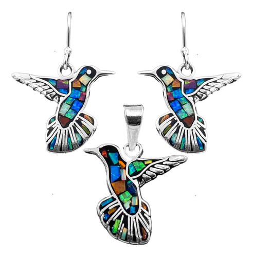 Dije Y Aretes Colibri Opalo Plata 925 Con Envio