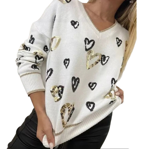 Sweater Importado Bremer Bordado Lentejuela Corazón Escote V