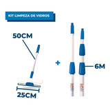 Kit Limpa Vidros Com Rodo 25cm E Extensor De 6m + Cabo 50cm