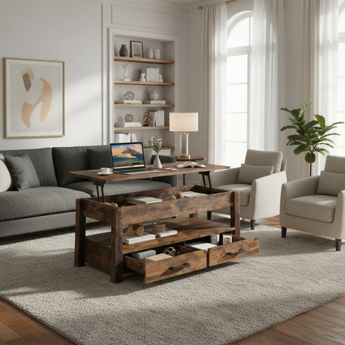 Mesa De Centro De Madera Rustica Elevable 2 Cajones Abatible | Meses sin interés