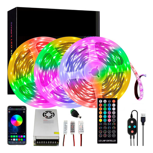 Kit Tira Led Rgb 15mts Bluetooth Lineal Audiorritmico Microf