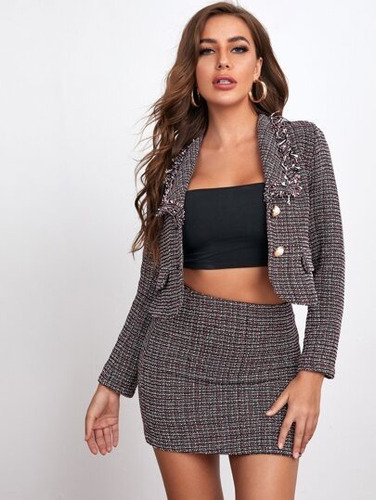 Conjunto Chaqueta Cropped Y Falda Negro Colores Shein