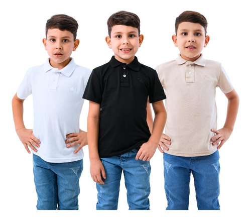 Kit 3 Camisas Infantis Polo Piquet Algodão Manga Curta Kids