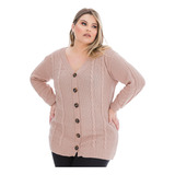 Blusa Casaco De Frio Botão Trançado Tricot Plus Size Inverno