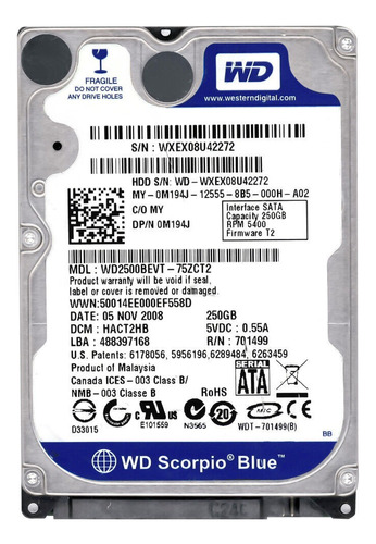  Hd Western Digital Scorpio Blue Sata 250gb Wd2500bevt