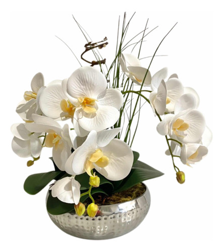 Arranjo Duas Orquídeas Artificiais Branca No Vaso De Vidro