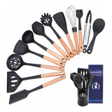 Kit C/13 Utensílios De Cozinha Silicone Cabo De Madeira Luxo Cor Preto