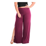 Calça Pantalona Fendas Cós Alto Feminina Plus Size Forrada