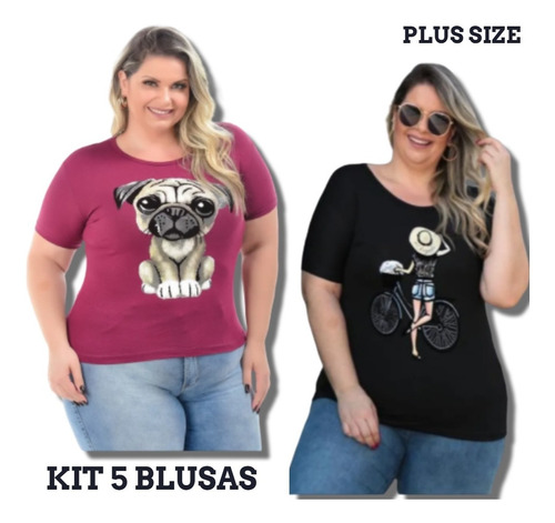 Kit 5 Blusas Plus Size Feminina T-shirt Conforto Atacado