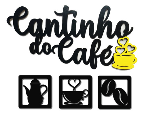 Aplique Cantinho Do Café Mdf Kit 4 Peças Detalhe Amarelo