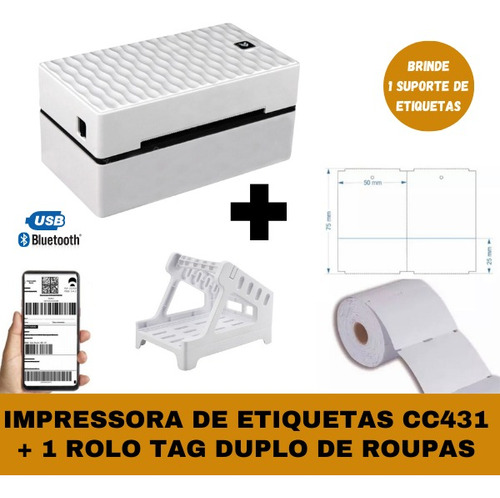 Impressora De Etiqueta Térmica  + 1 Rolo De Tag 75x50 Duplo