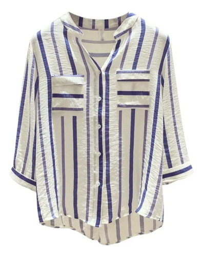 Blusa Rayas Azul V Chifón Manga Siete Coreana Holgada Mujer