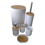 Kit De Banheiro 6 Peças Lixeira Com Tampa - Moderno C/ Bambu