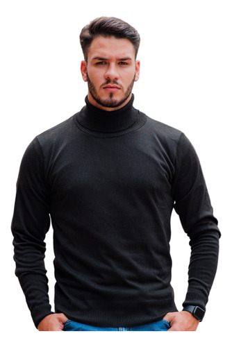 Cacharrel Blusa Frio Tricot Lã Masculina Canelada Gola Alta