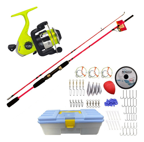 Kit Pesca Caña 1.80m + Reel 3 Rulemanes + Caja Completa