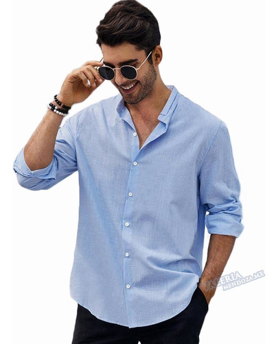 Camisa Cuello Mao Lino Hombre Casual Manga Larga Slim Fit