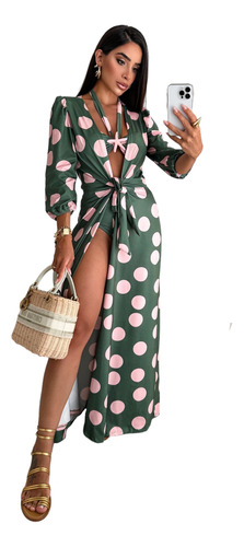 Saída De Praia Kimono Vestido Longa Acinturada Luxo Verão