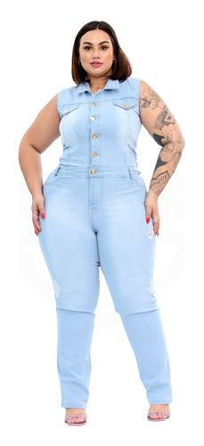 Macacão Longo Jardineira Jeans Feminina Plus Size Regata