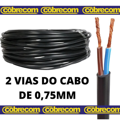 Fio Cabo Pp Grosso Preto 2x0 75mm Rolo C/ 20 Metros Cobrecom