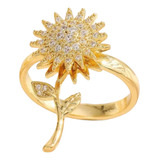 Anillo De Girasol Giratorio 360° Con Tallo Baño Oro 18k