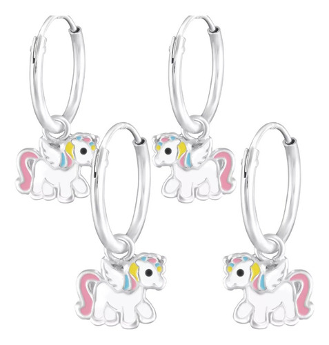 2 Par De Aros Niña Argolla Unicornio Plata 925+2 Cajas Regal