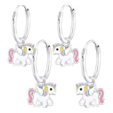 2 Par De Aros Niña Argolla Unicornio Plata 925+2 Cajas Regal