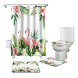 Flamingo Tortuga Planta Flor Acuarela Cortina De Ducha Set