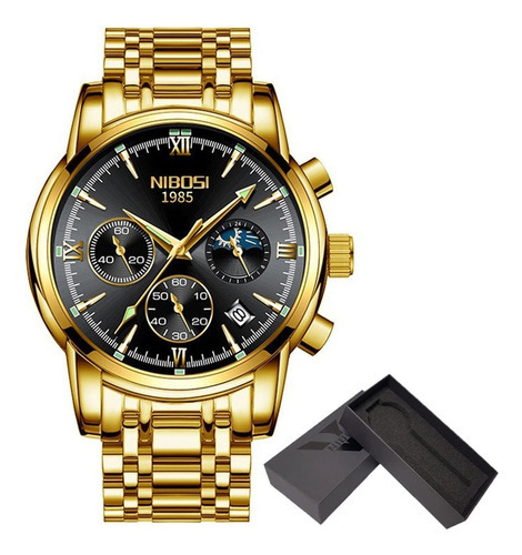 Relógio Casual Nibosi Calendar Com Pulseira De Aço, Cor De Fundo Dourado/preto