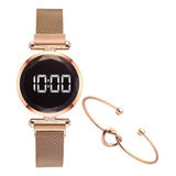 Relógio Feminino Digital Rosé Pulseira Magnética + Bracelete Cor Da Correia Dourado Rose Cor Do Bisel Dourado Cor Do Fundo Preto