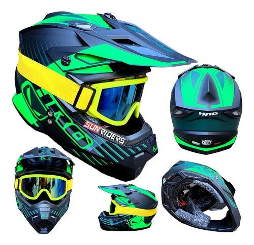 Casco Moto Hro Cross Mx03 Negro Verde Across + Goggles Dot 