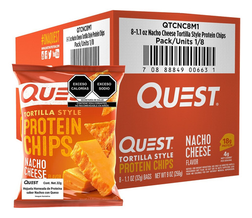 Caja X8 Tortillas Style Quest Chips De Proteína Con Queso 