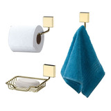 Kit Banheiro Porta Toalha Papel Higiênico Dourado Sabonete