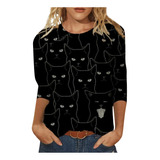 Blusa De Manga Larga Con Cuello Redondo Y Estampado De Gatos