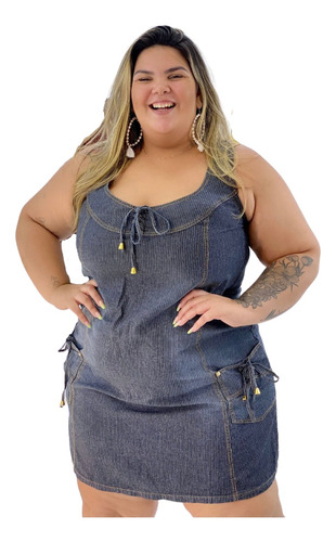  Vestido Jeans Com Bolsos E Nó Plus Size