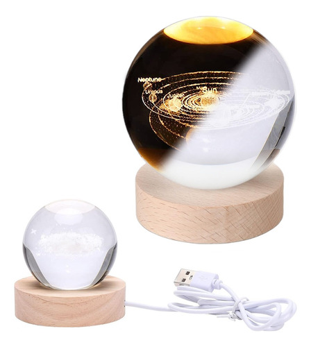 Luz Noche Cristal Sistema Solar 3d Led Usb Base Madera Escri