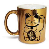 Taza Gato Suerte Maneki Neko Lucky Dorada Espejo Metalica