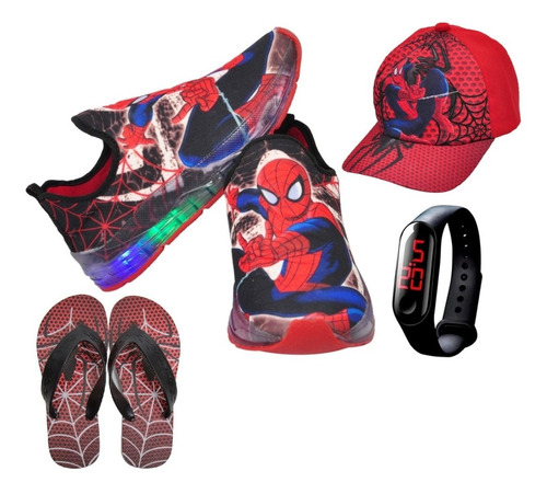 Tênis Led Infantil Homem Aranha Novo+ Boné+ Chinelo+ Relógio