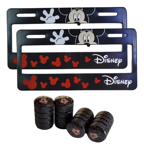 Set 2 Portaplacas Mickey Mouse + 4 Tapones Aire Negro