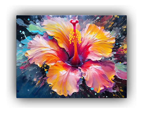 Cuadro Digital Vibrante De Hibiscos Con Mariposa 75x50cm