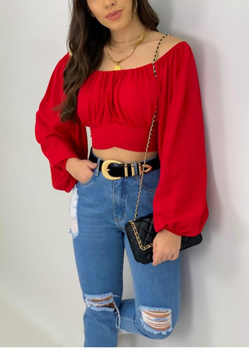 Blusa Crop Top Campesina Dama Casual Hombros Descubiertos