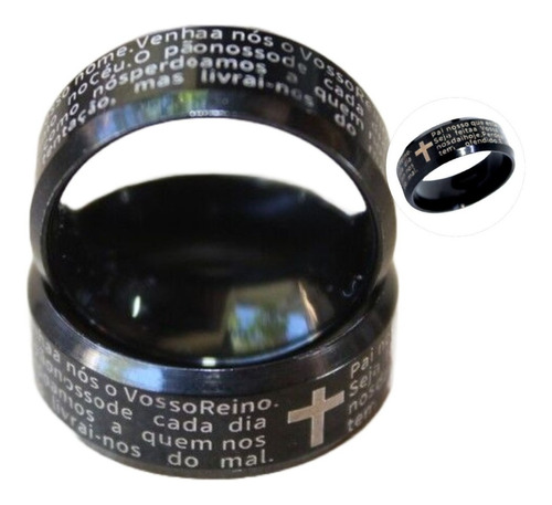 Anel Oração De Pai Nosso Feminino E Masculino Preto 8mm