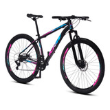 Bicicleta Bike Aro 29 Krw Mountain Bike Câmbio Shimano Tz 21 Velocidades Freio A Disco Amortecedor Suspensão Dianteira Sh21 Cor:preto/rosa E Azul Tamanho Quadro:17