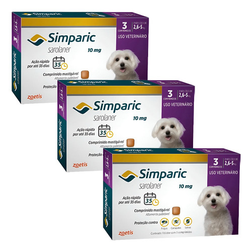 Kit Simparic 3 Caixas Com 3 Cp 10mg Cães 2,5kg A 5kg