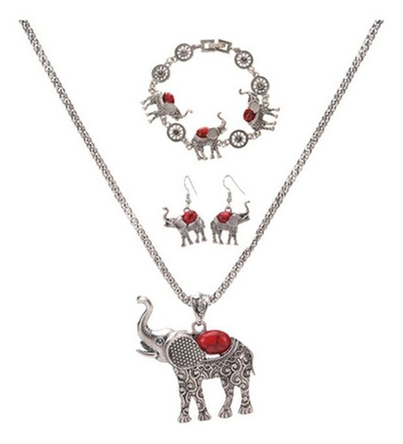 Set 4000) Conjunto Collar Dije Pulsera Aretes Elefante Rojo