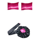 Touca Difurosa +2 Fronhas De Cetim  Preto Com Pink