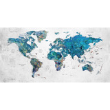 Mapa Mundial Azul 60x130 Con Marco Cuadro Canvas Bastidor 