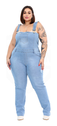 Macacão Jardineira Clássica Jeans Feminina Plus Size Regata