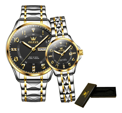 Reloj De Pareja Olevs Con Calendario De Diamantes De Lujo, 2 Color Del Fondo Silver Golden Black