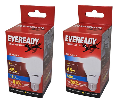 Pack X 2 Lamparas Led Eveready 6w = 45w Luz Fría 550lm