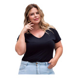 T-shirt Blusa Camiseta Plus Size Básica Sem Estampa Gola V